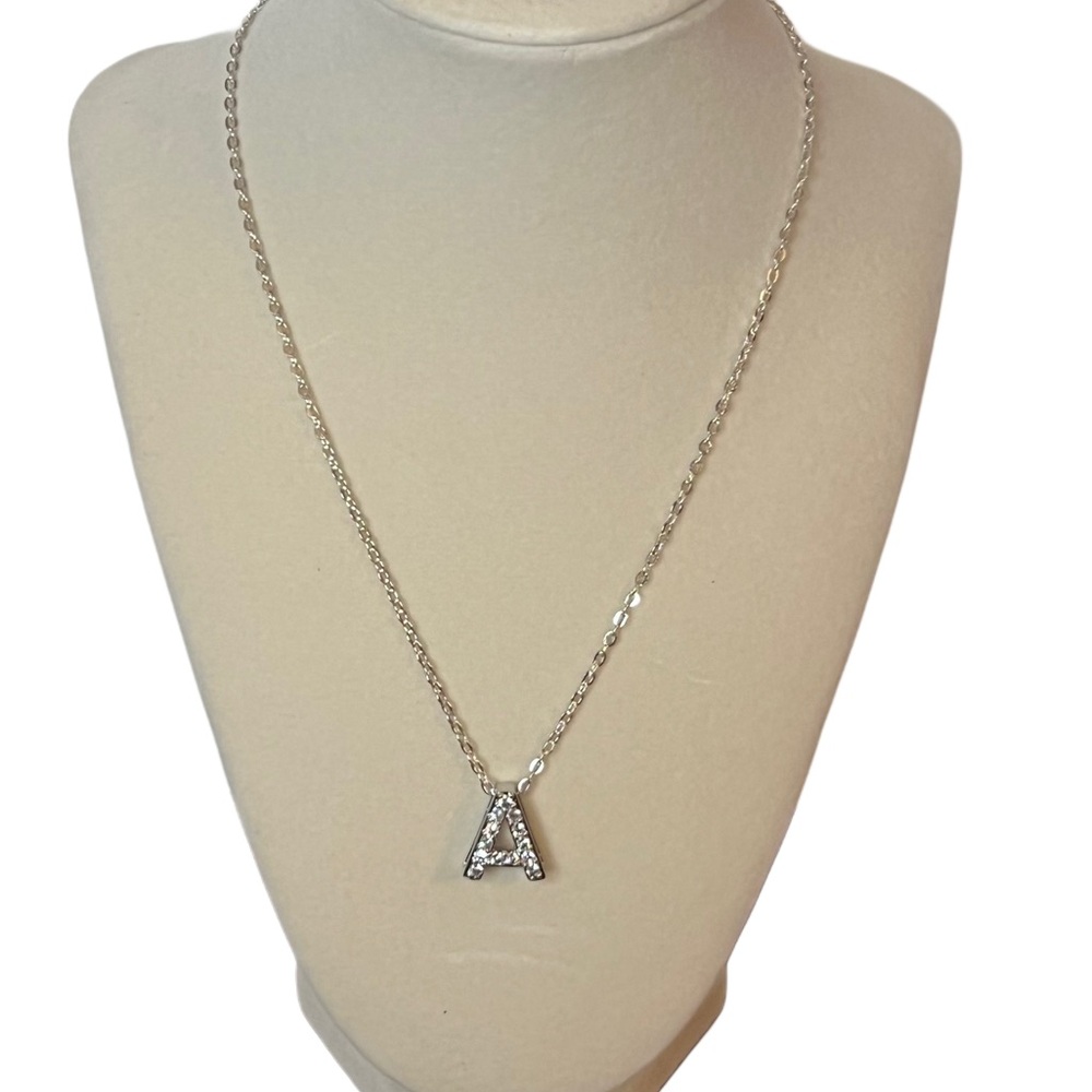 Silver Initial 'A' Rhinestone Pendant Necklace